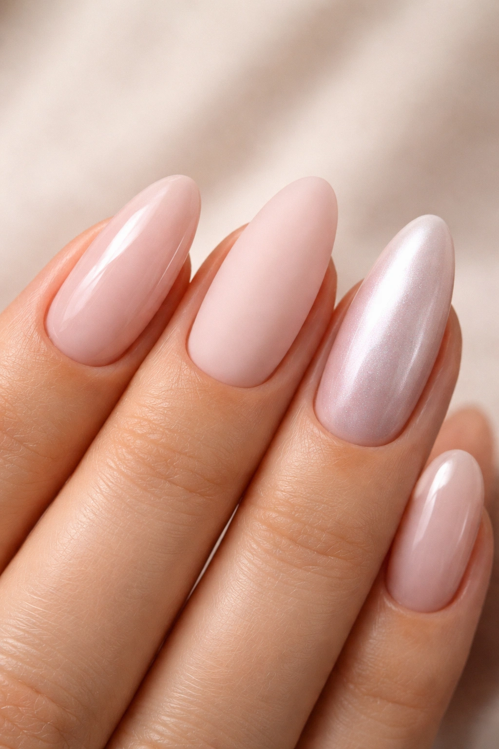 Almond nails showing glossy, matte, and chrome finishes