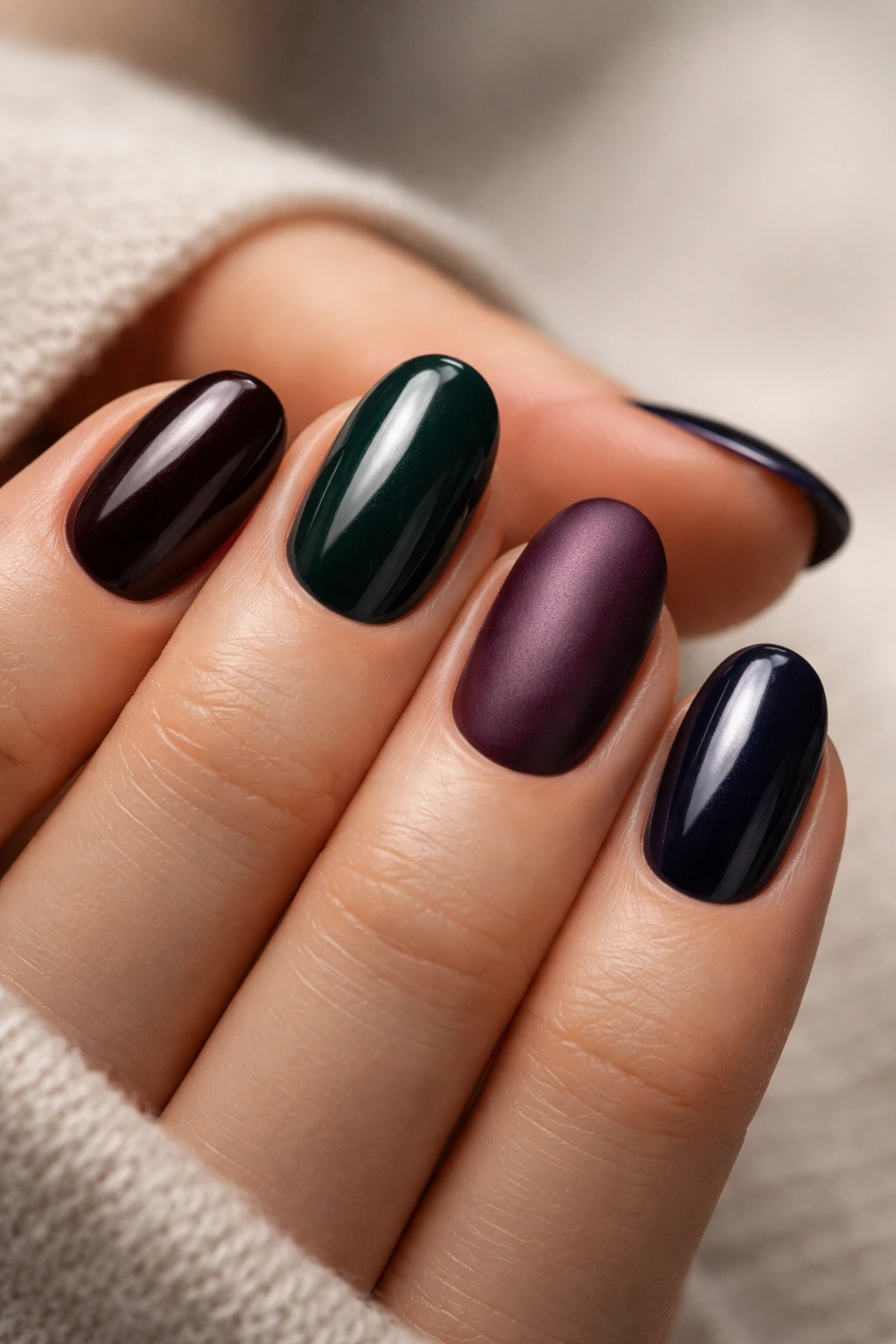 Hand with short oval nails showing glossy and satin finishes in deep shade