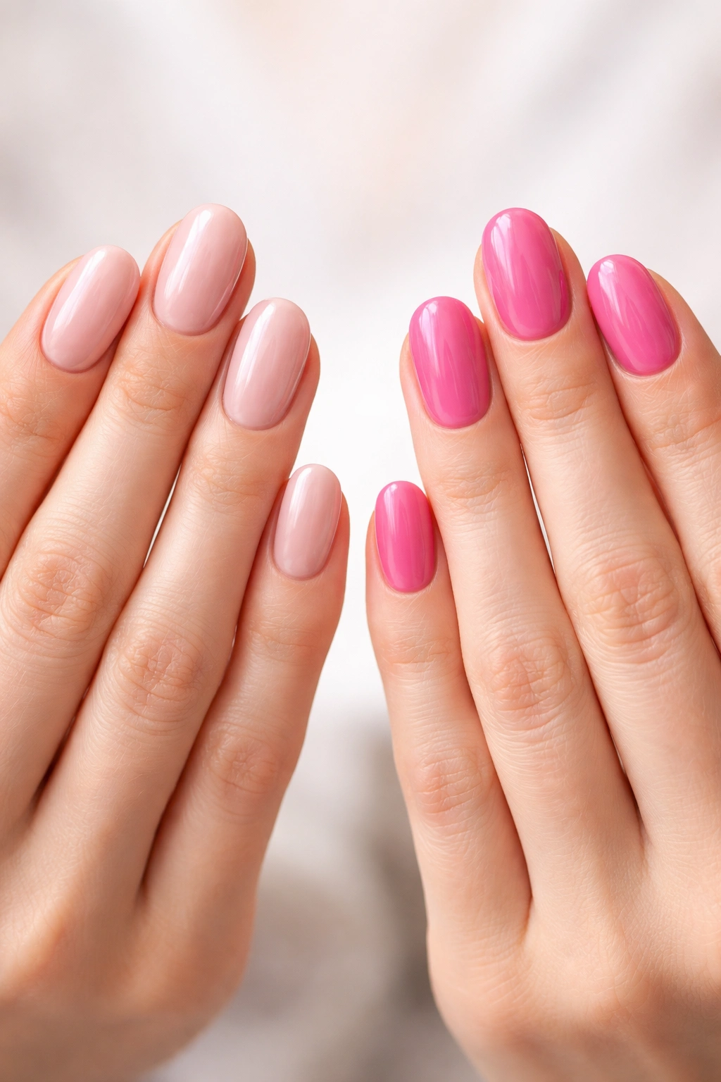 Hands showing two nail finishes side by side to illustrate choosing between Shellac and Gel