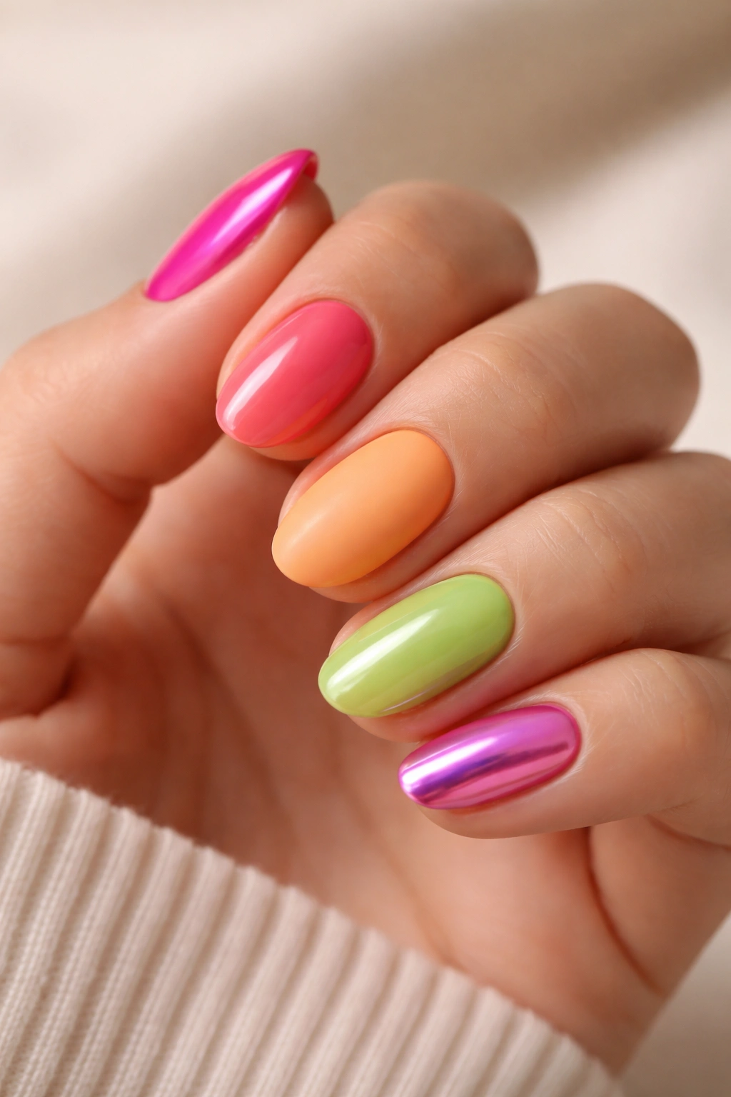 Close-up of short oval nails displaying gloss, matte, jelly, and chrome finishes