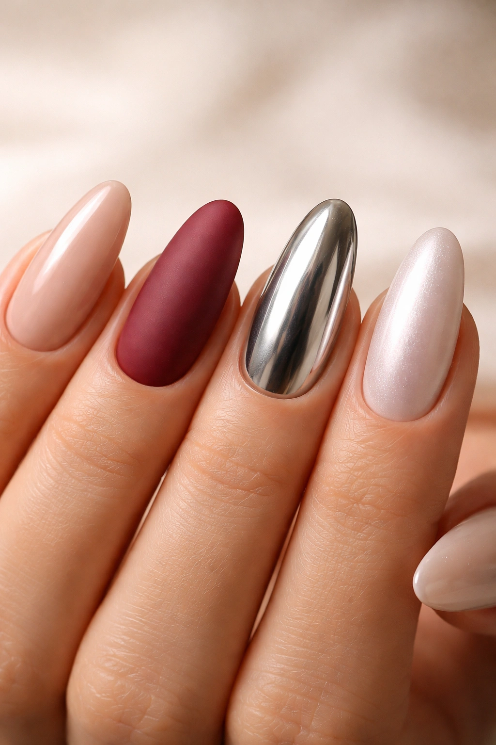 Nails showing glossy, matte, chrome, and pearl finishes on long oval acrylics