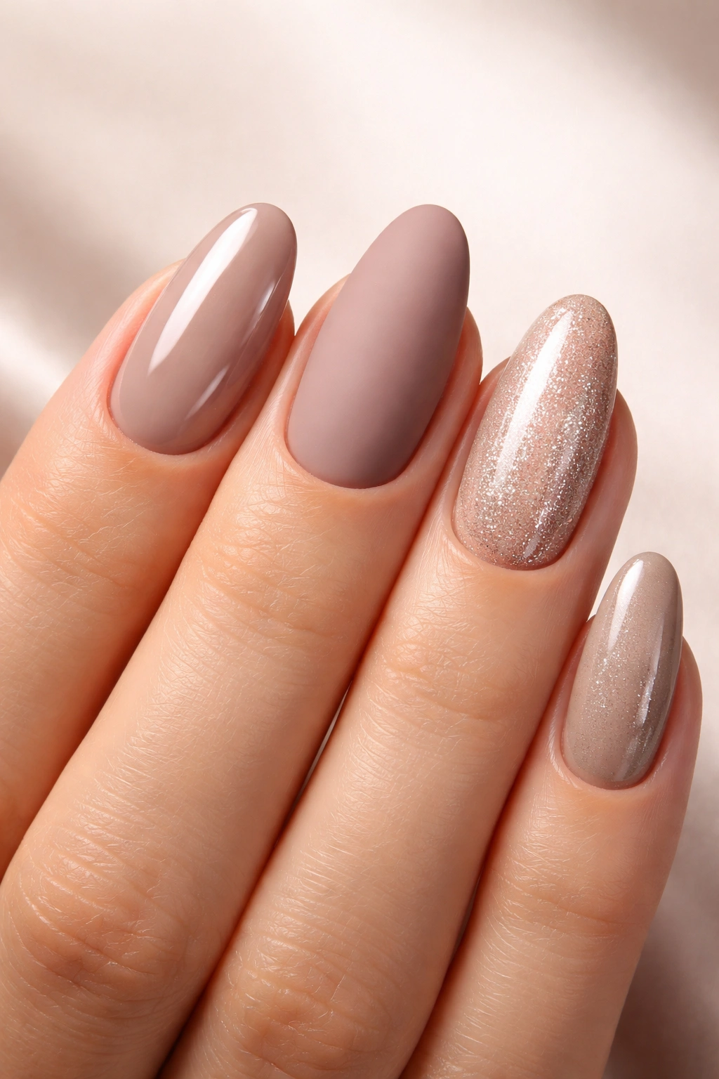 Nails displaying glossy, matte, and shimmering finishes