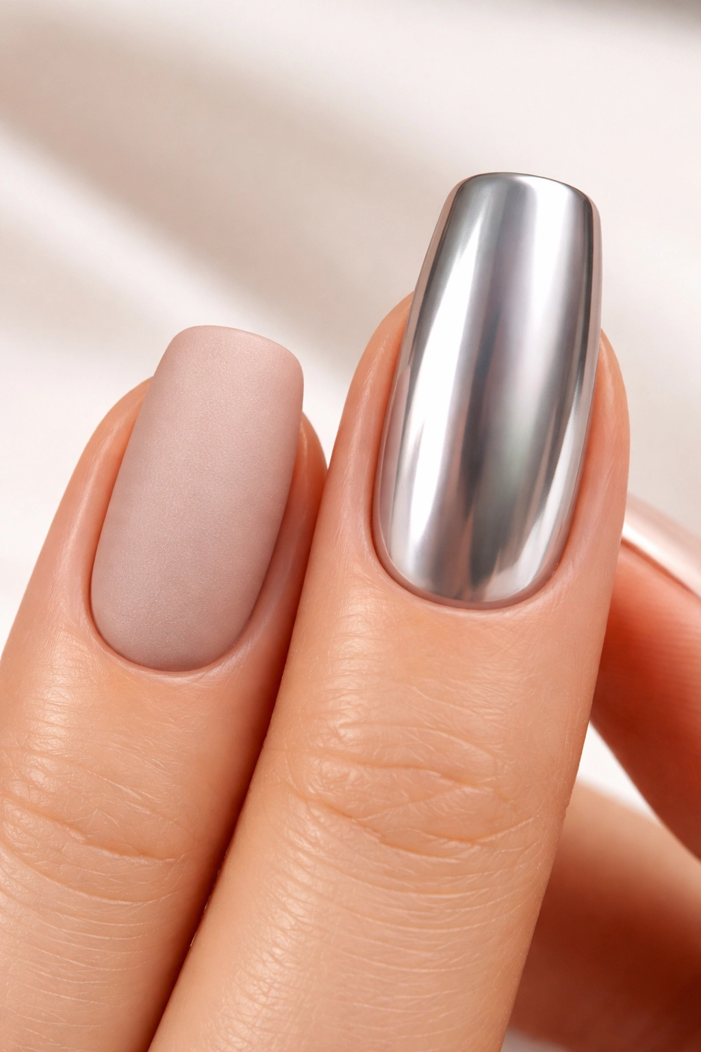 Close-up of nails with contrasting finishes on short and long squoval nails