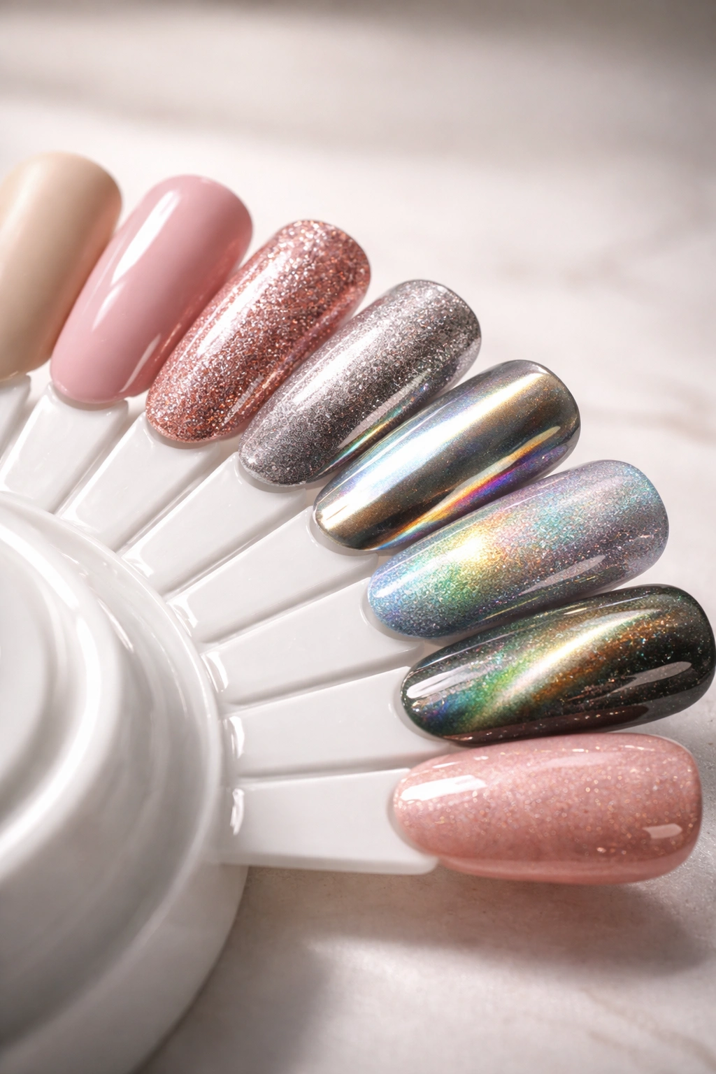 Close-up of a nail swatch board showing diverse gel finishes including matte, glossy, glitter, chrome, holographic, and cat-eye