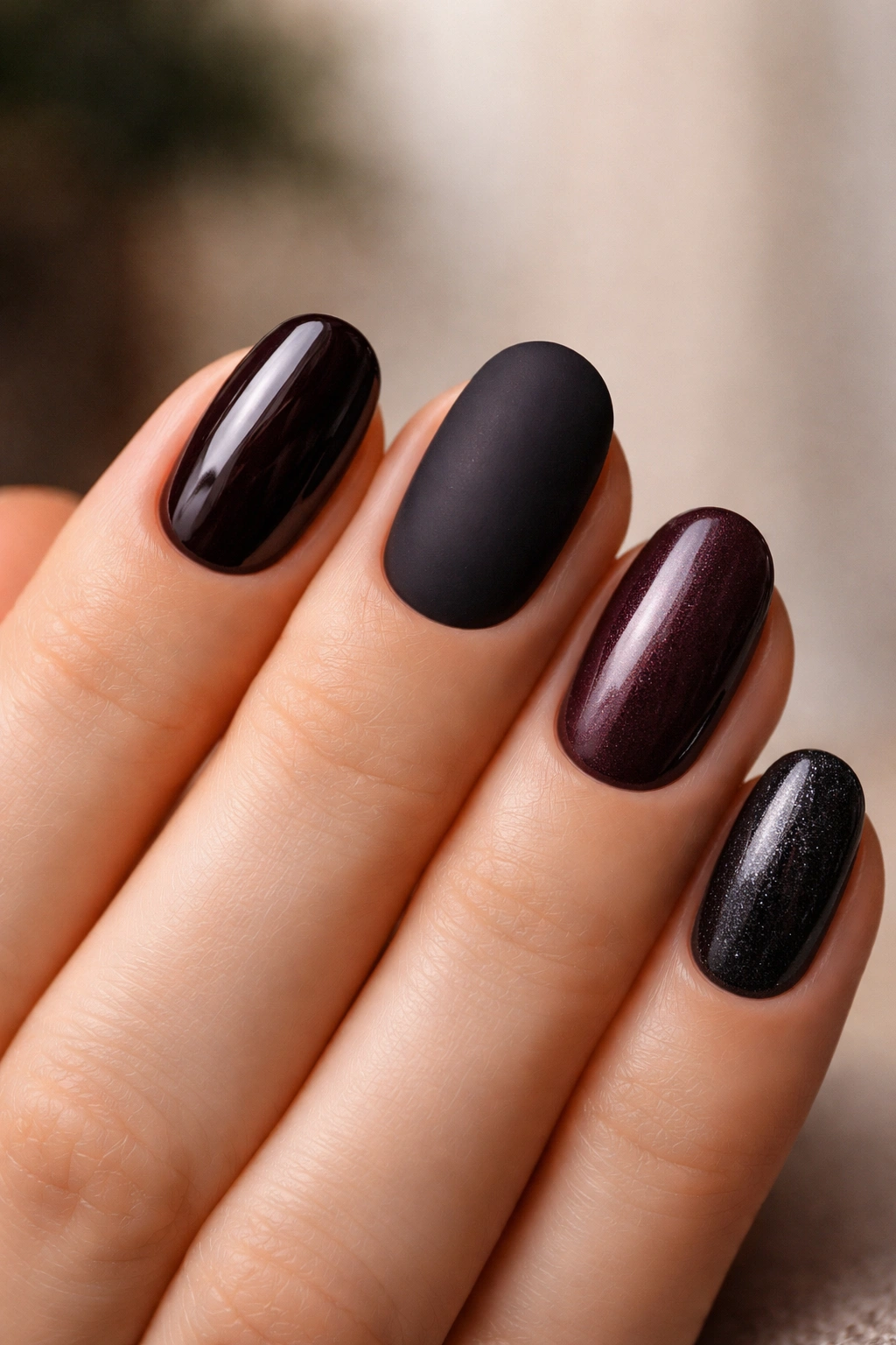 Nails with four finishes: glossy, matte, satin, and shimmer on dark short ovals