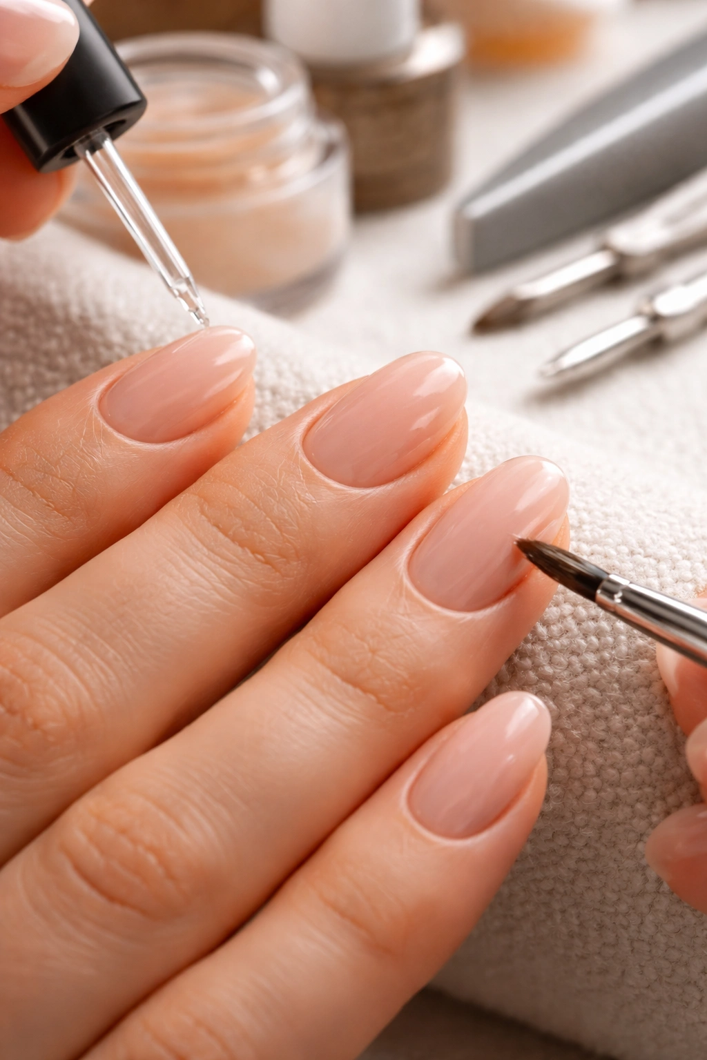 Close-up of prepped short oval builder gel nails showing longevity-focused technique