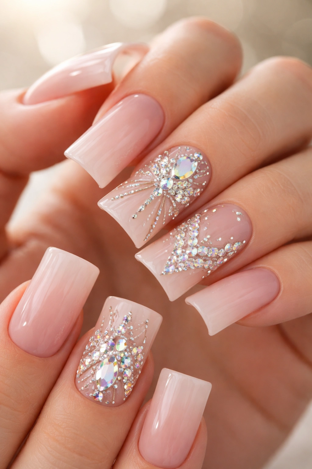 Duck nails with geometric rhinestone patterns on accent nails