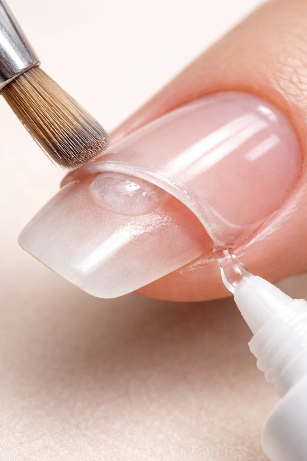 Close-up of fingernail with a small acrylic bead under a lift