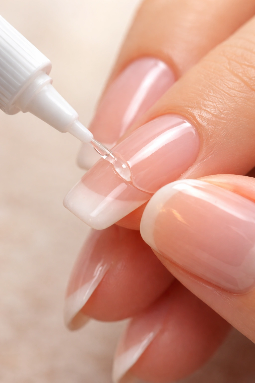 Close-up of glue being applied to minor acrylic nail break