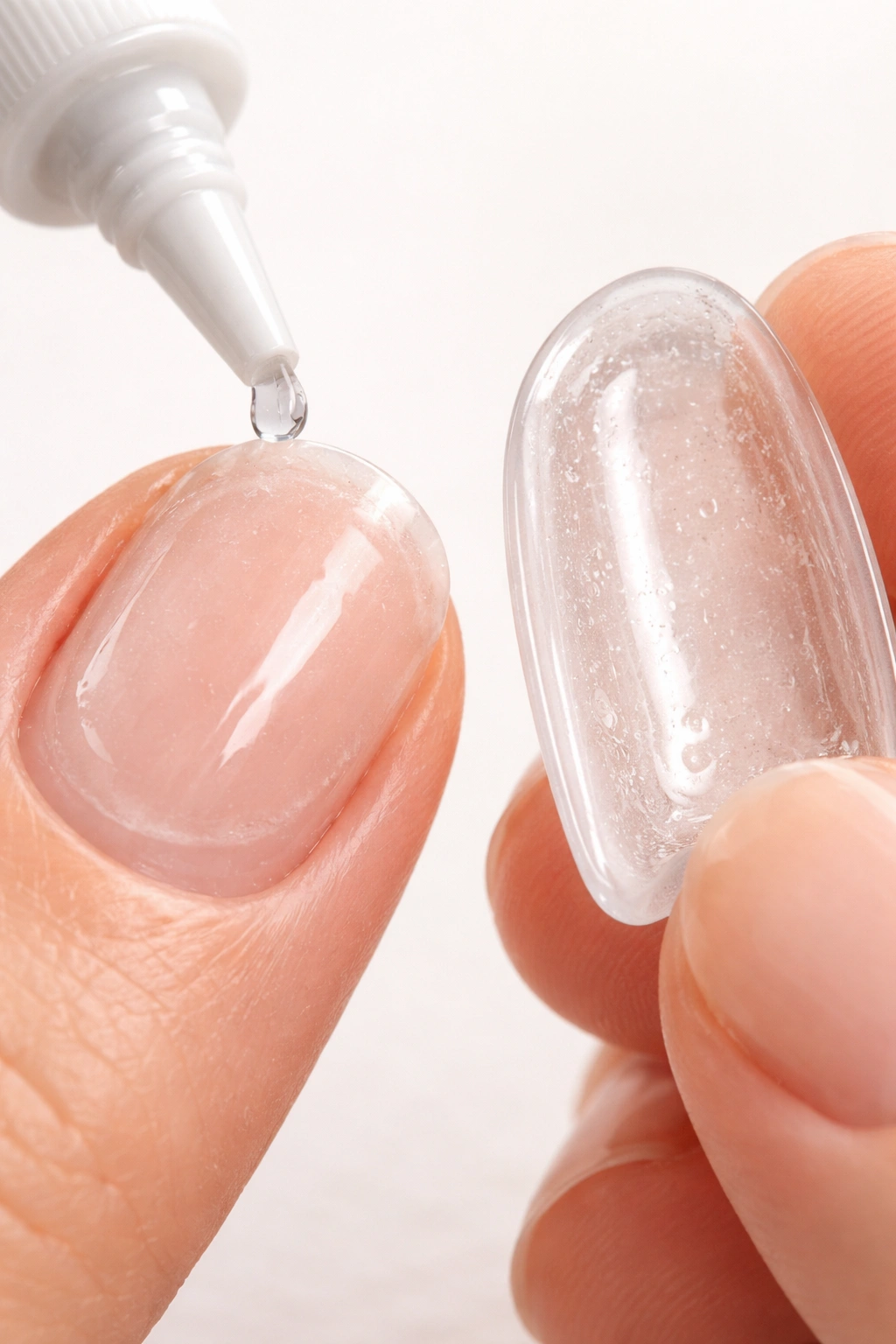 Natural nail surface and press-on underside with thin glue layer