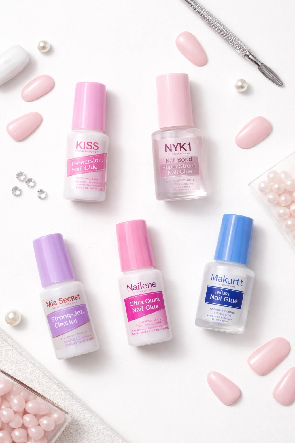 Flat lay of nail glue bottles on white surface