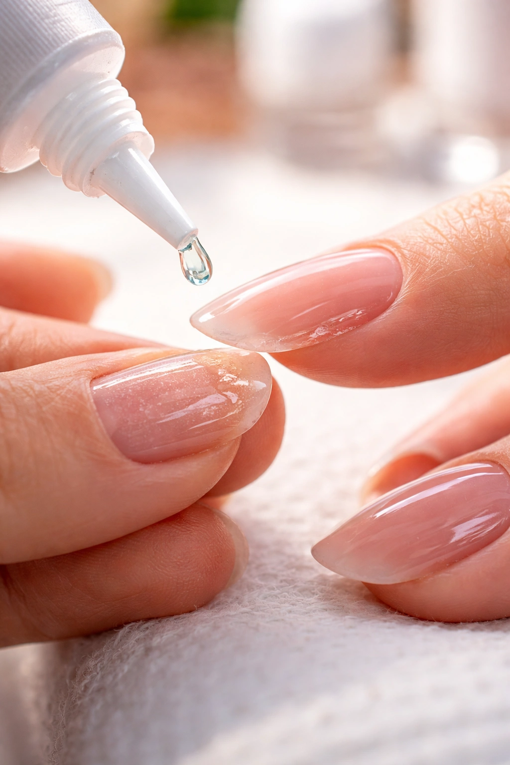 Close-up of glue application and press-on nail positioning for longevity