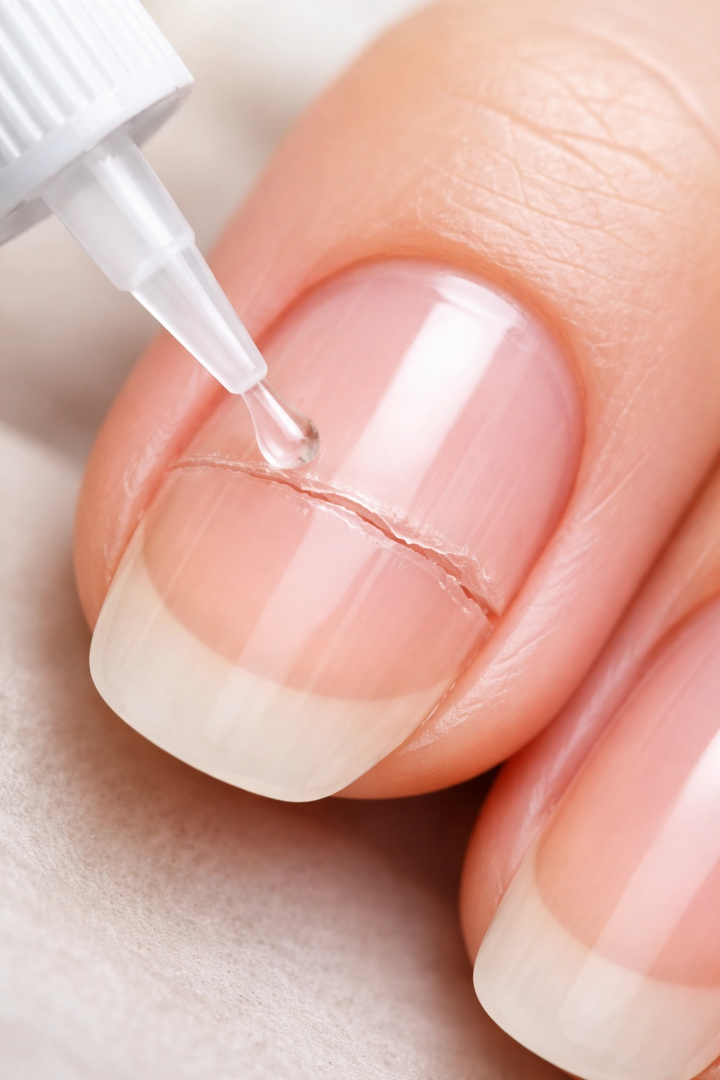 Close-up of a nail with a clear glue seam bridging a break