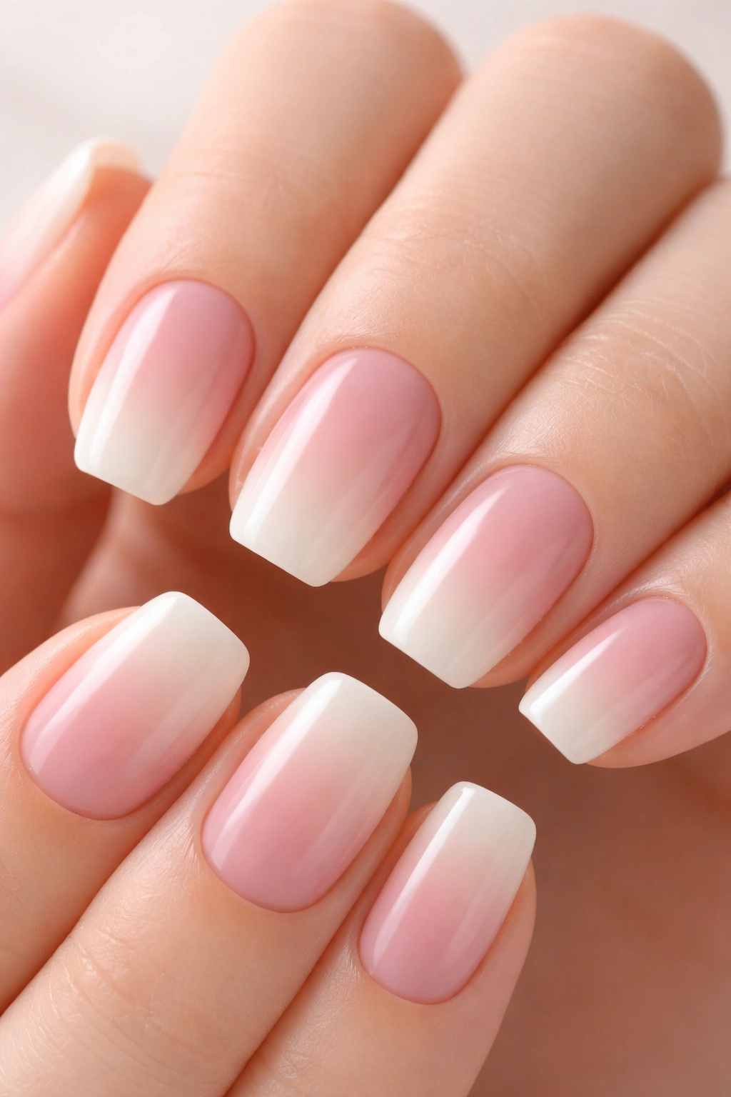 Close-up of short squoval nails with a soft pink to ivory gradient
