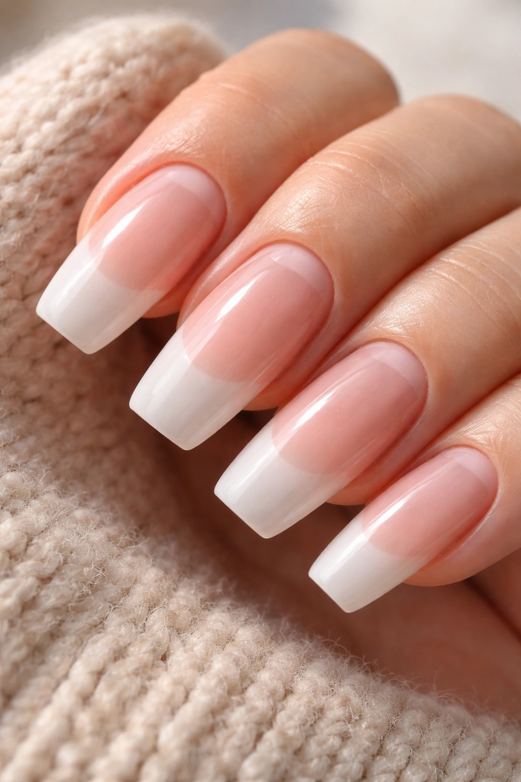 Close-up of acrylic nails with visible natural nail growth at the cuticle