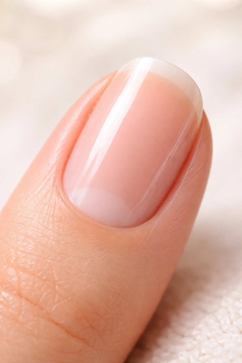 Macro close-up of a fingernail showing the nail plate with clean surface on a neutral background