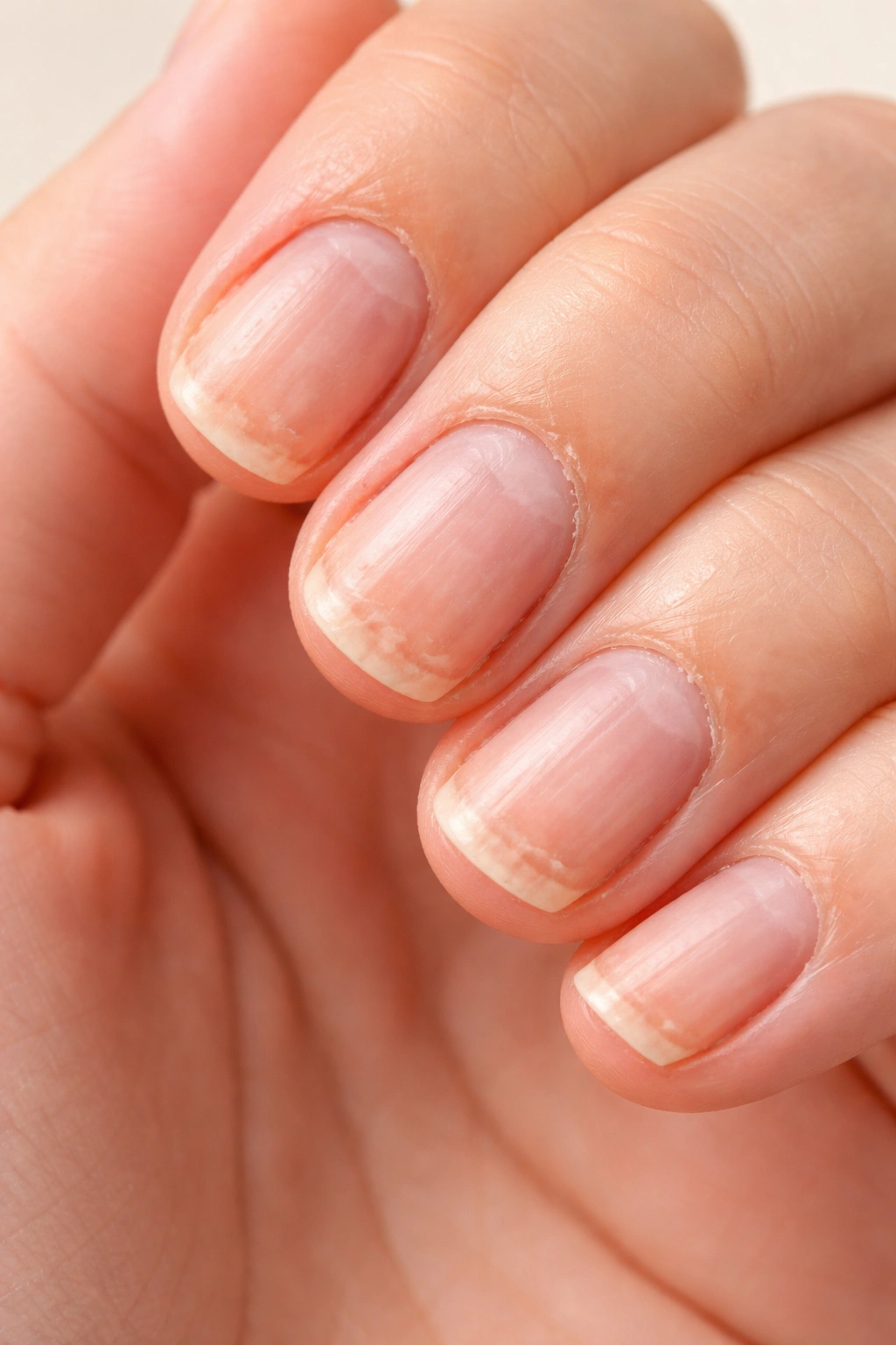Close-up of dry, brittle nails with dry cuticles