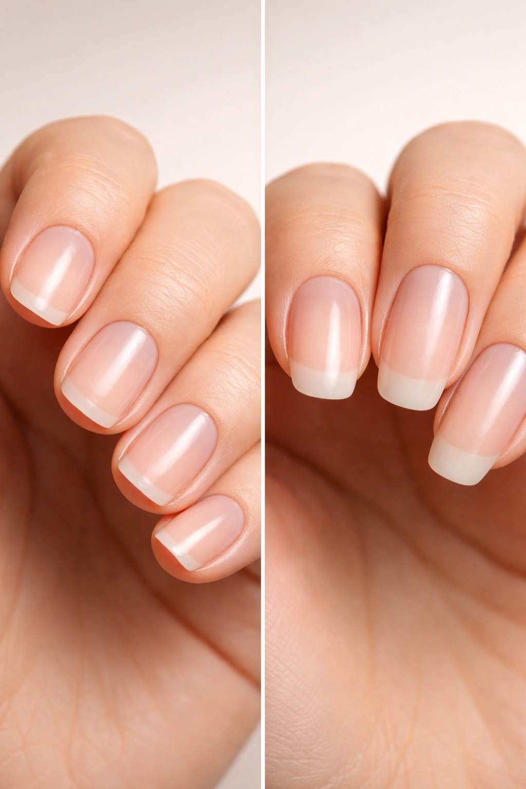 Close-up of nails showing growth differences between short and long squoval shapes