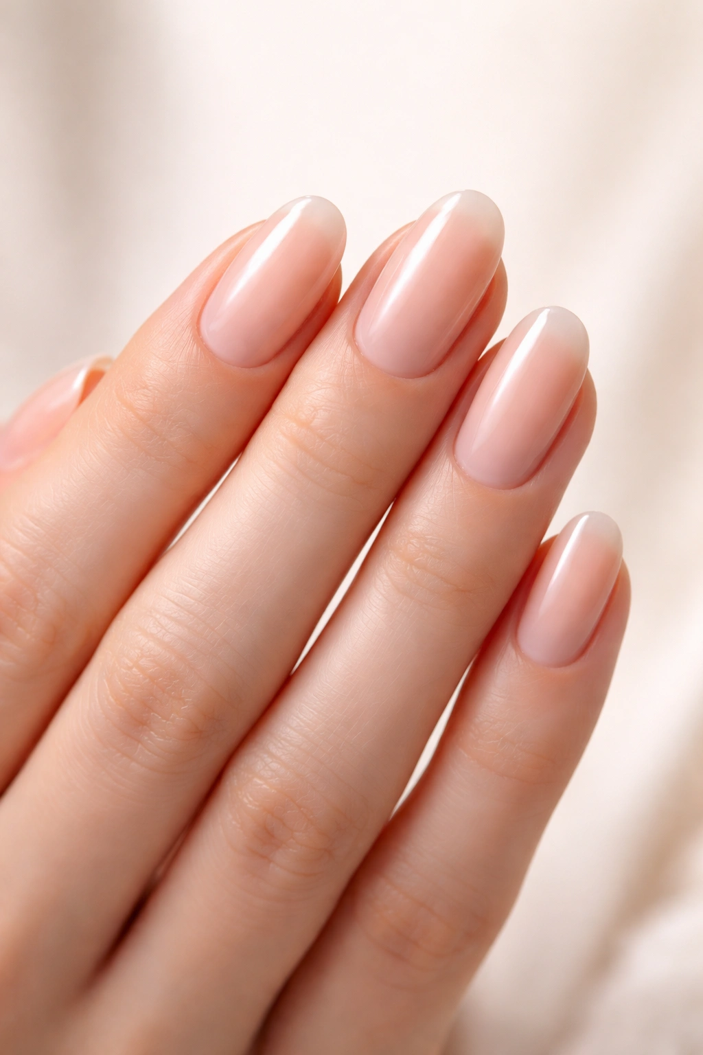 Close-up of healthy pale-pink nails with smooth cuticles, indicating good nail health