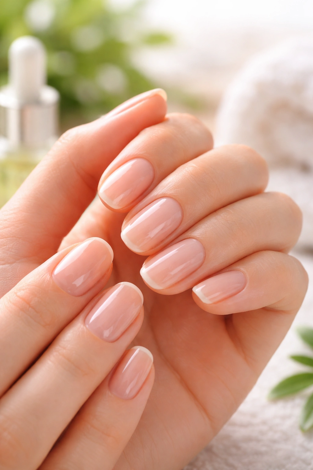 Close-up of healthy natural nails with moisturized cuticles.