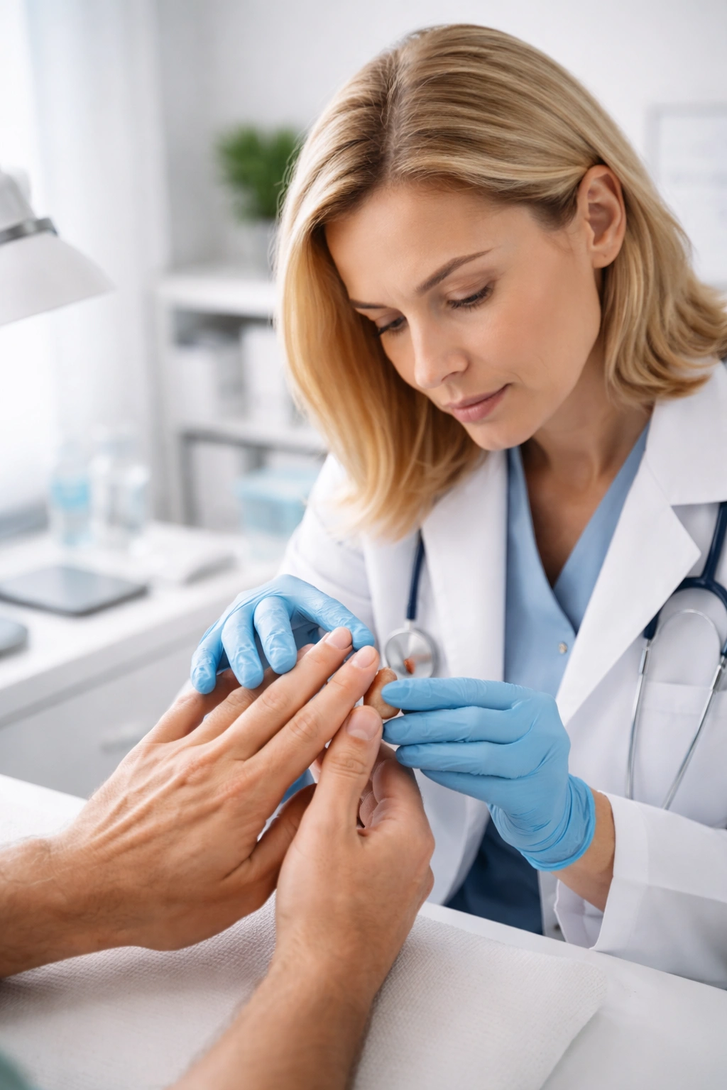 Medical professional assessing nail health in clinic