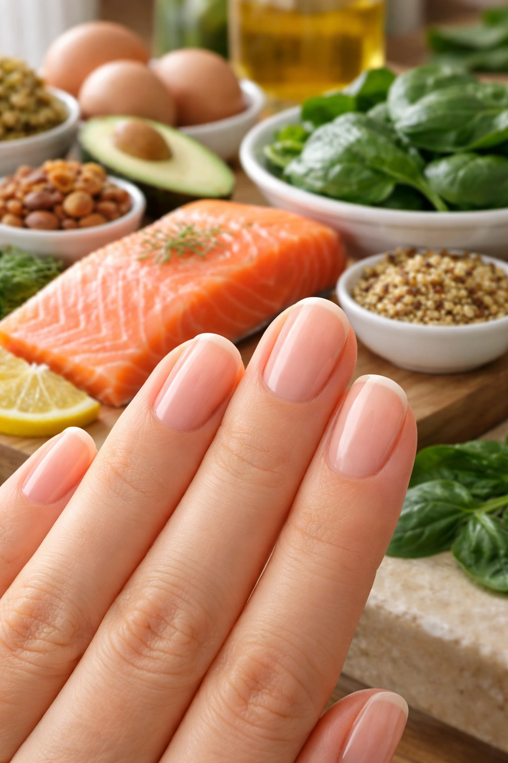 Healthy nails in foreground with background featuring eggs, salmon and greens