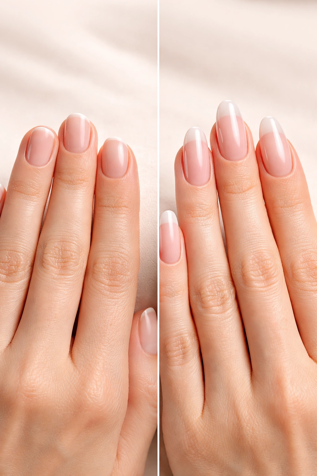 Two hands showing short and long nails to compare nail health considerations