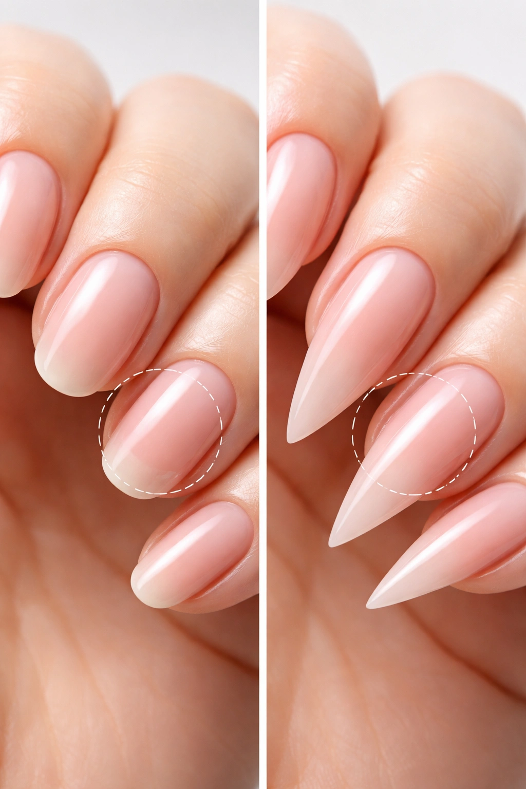 Side-by-side nails showing round vs stiletto shapes with emphasis on health implications