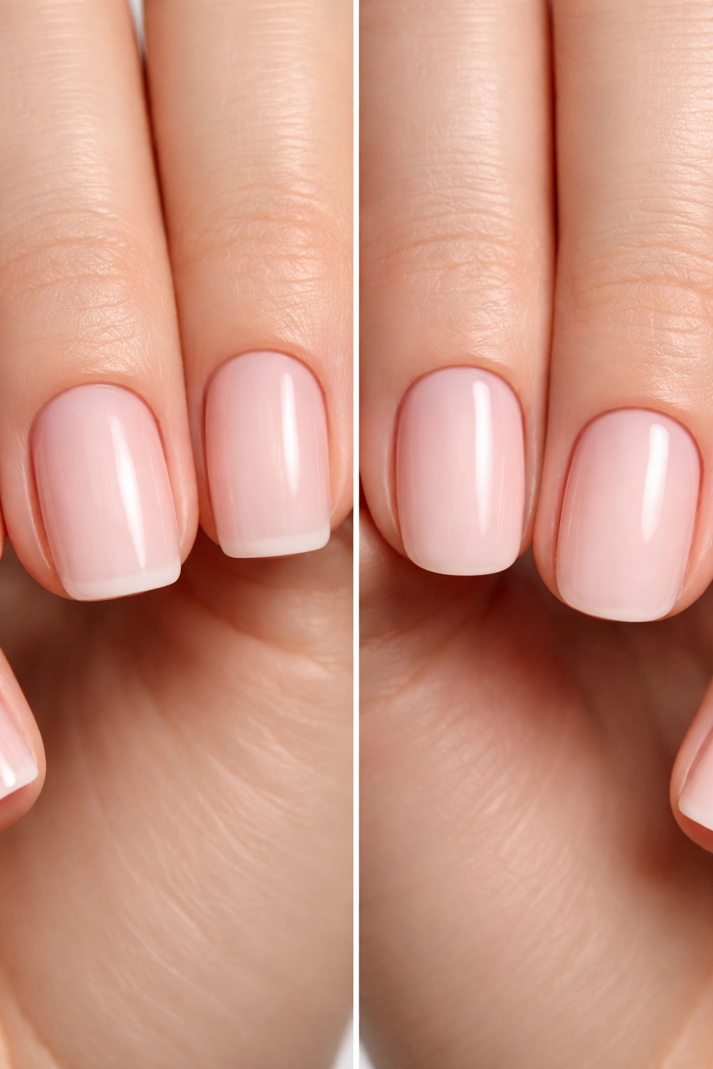 Close-up of hands with soft-square and squoval nails highlighting nail bed health and stress distribution