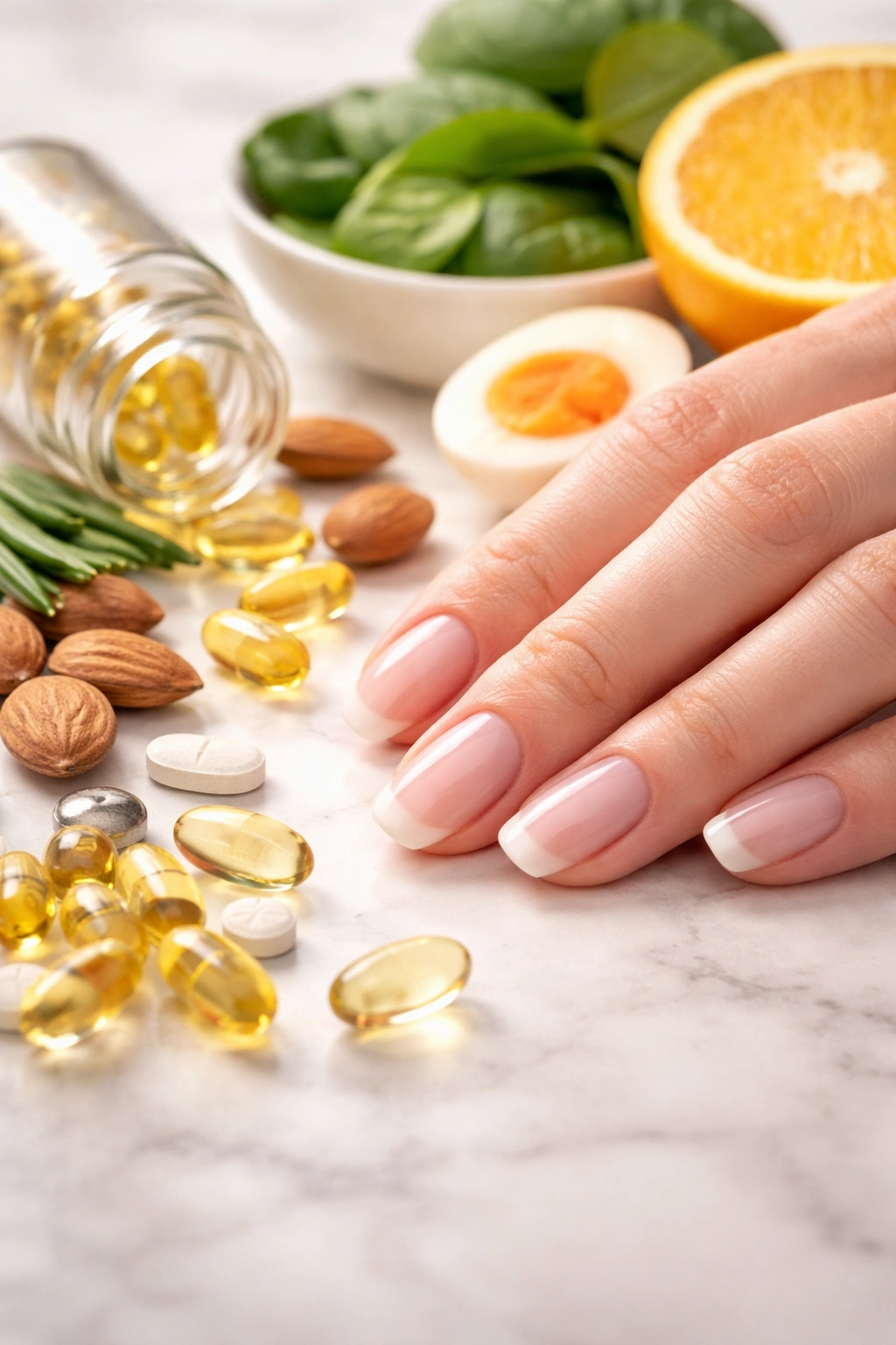 Nails shown with a hint of vitamins nearby to suggest nutrition impact