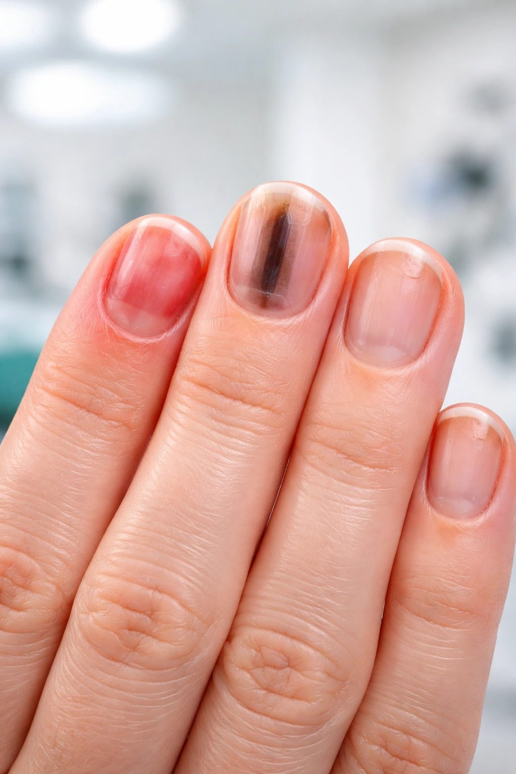 Close-up of fingernail with red cuticle and dark streak indicating possible infection; consider professional care.