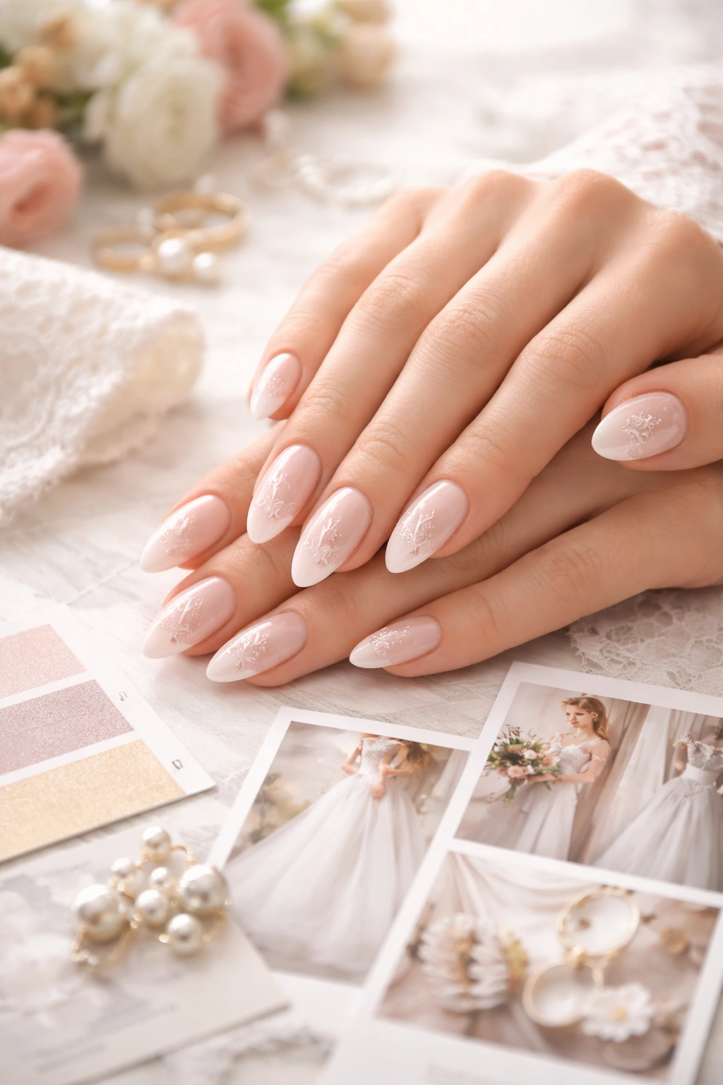 Close-up of hands with freshly manicured wedding nails against a soft neutral backdrop