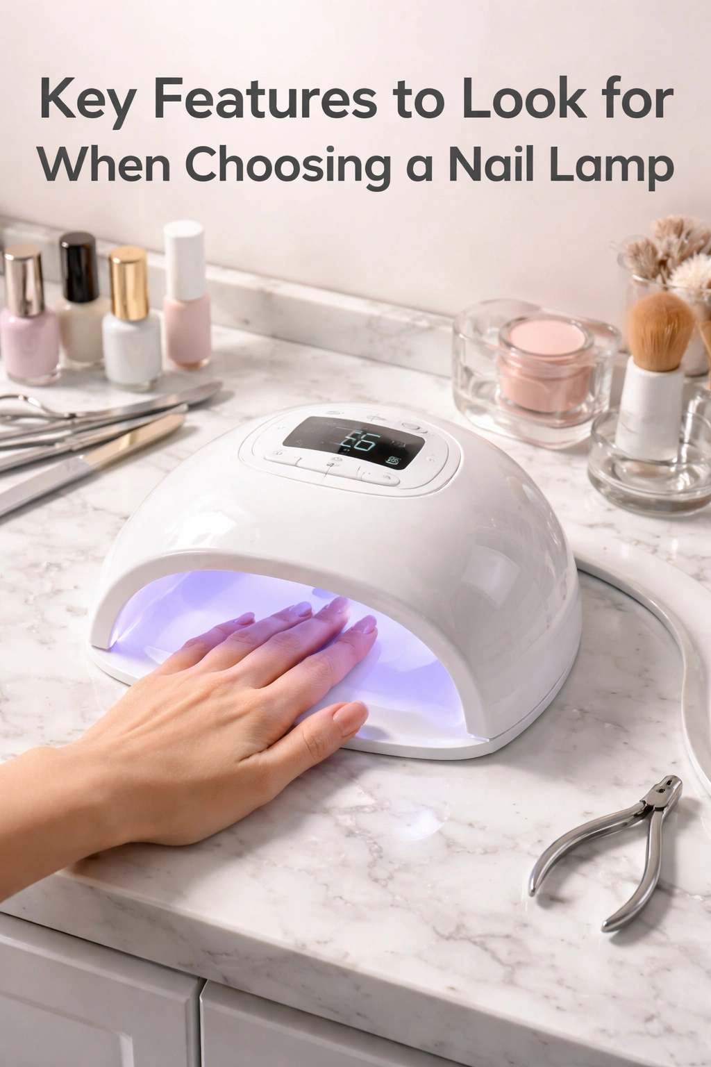 Hand under a nail lamp showing curing glow in a clean vanity setting.
