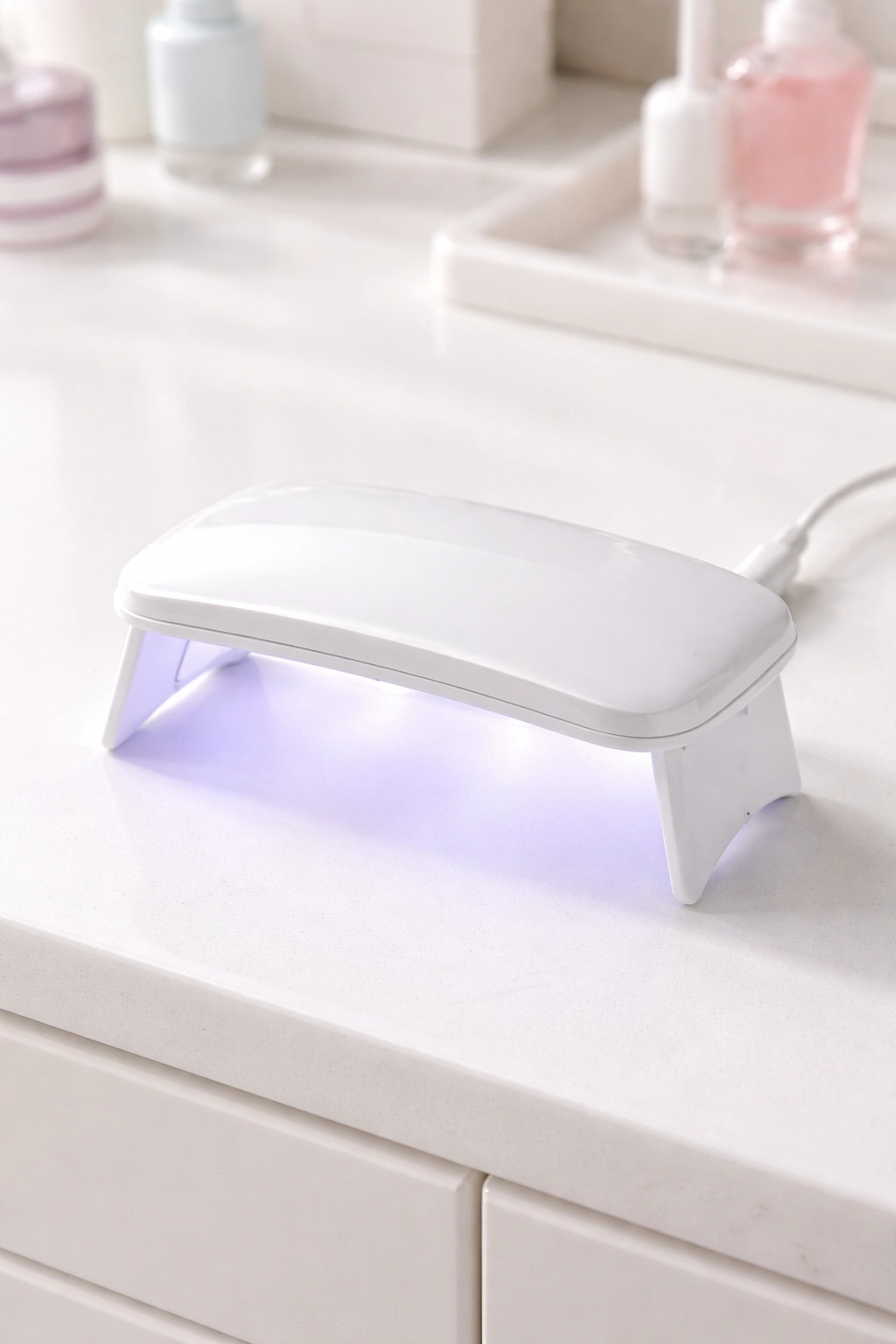 Close-up of a small glossy white nail lamp on a clean vanity, no branding, no text
