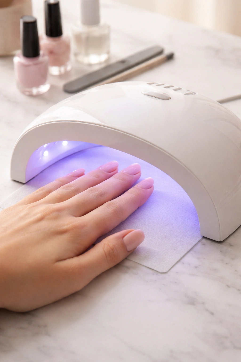 Hand under a nail lamp showing proper curing technique, clean nails