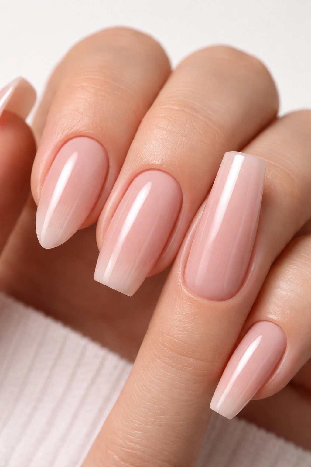 Medium-length almond nails beside long coffin nails.