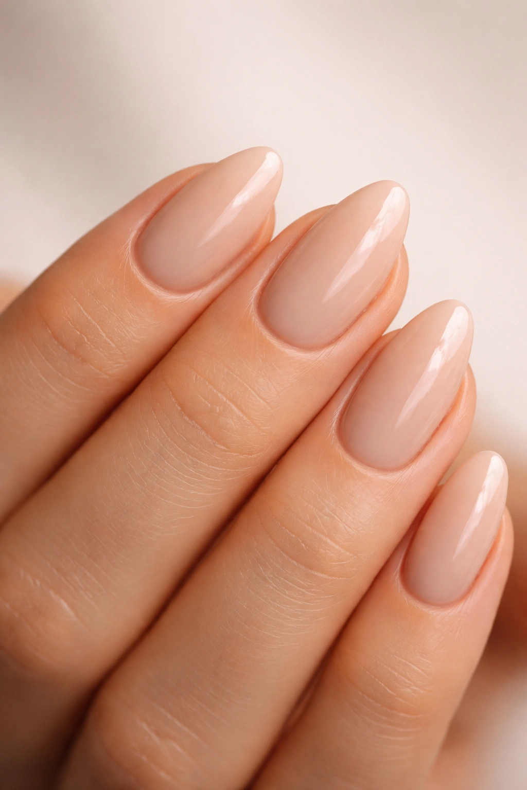 Close-up of short almond nails showing tidy length and cuticle detail