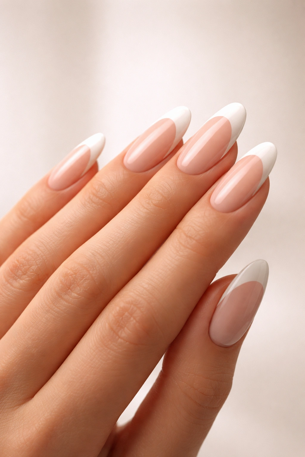 Side-view hand with long round nails at ideal length in a neutral studio