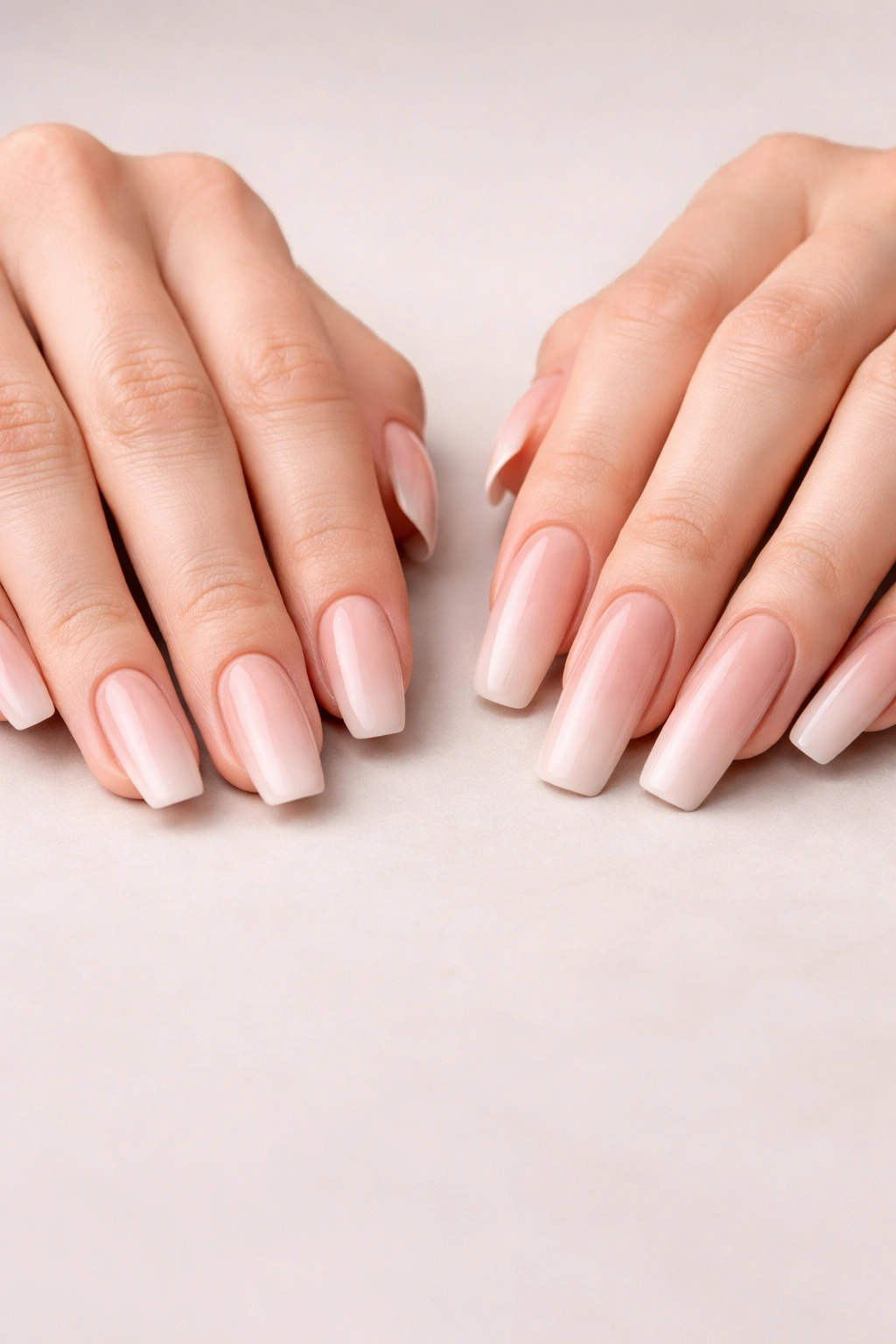 Close-up of hands showing ballerina nails at short-to-medium length and coffin nails at long length for length comparison