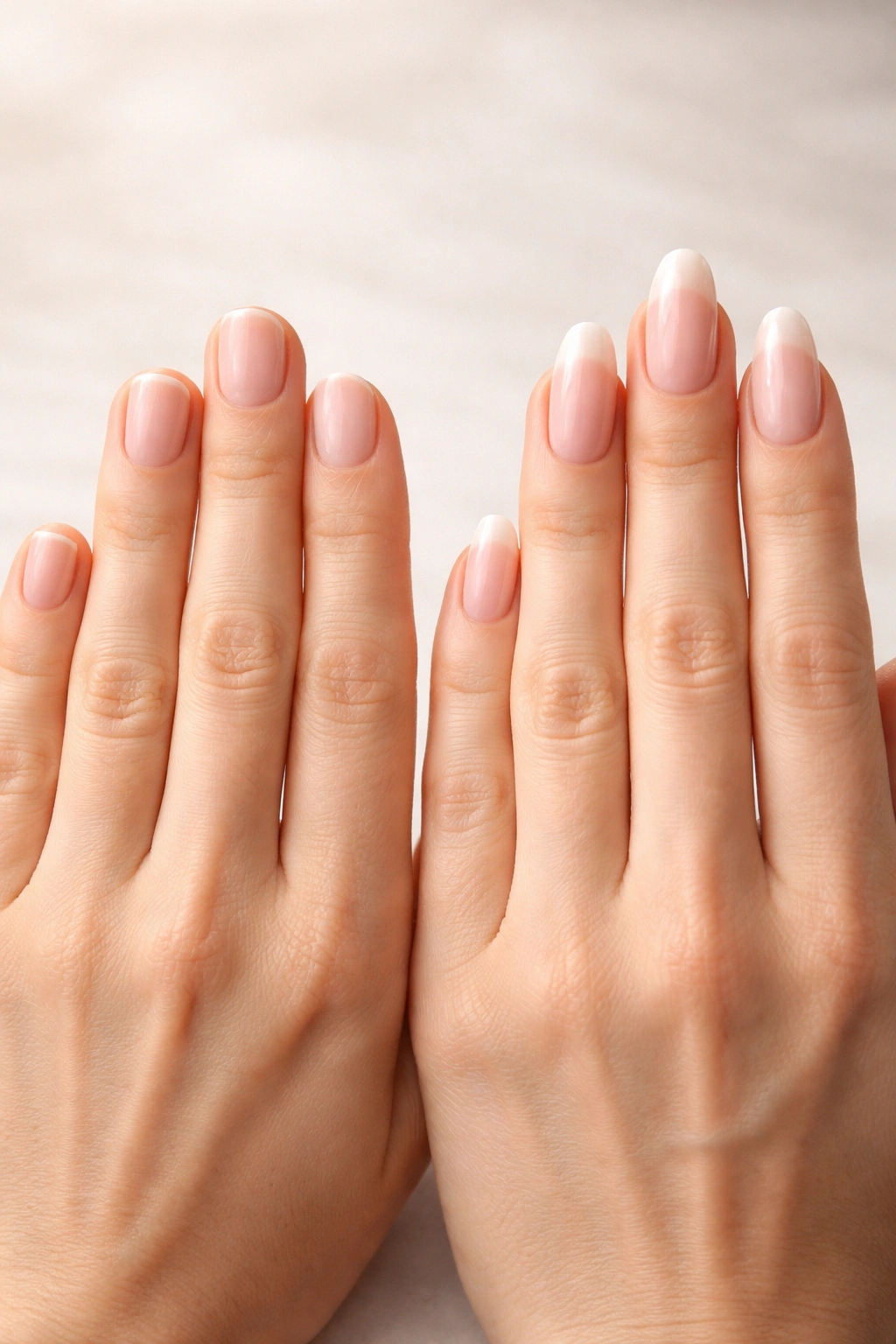 Close-up of two hands showing short and long nails side-by-side to symbolize nail-length decision