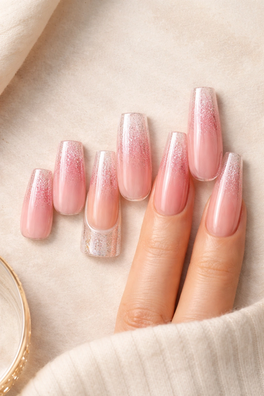 Nail length variations with different glitter styles laid out flat