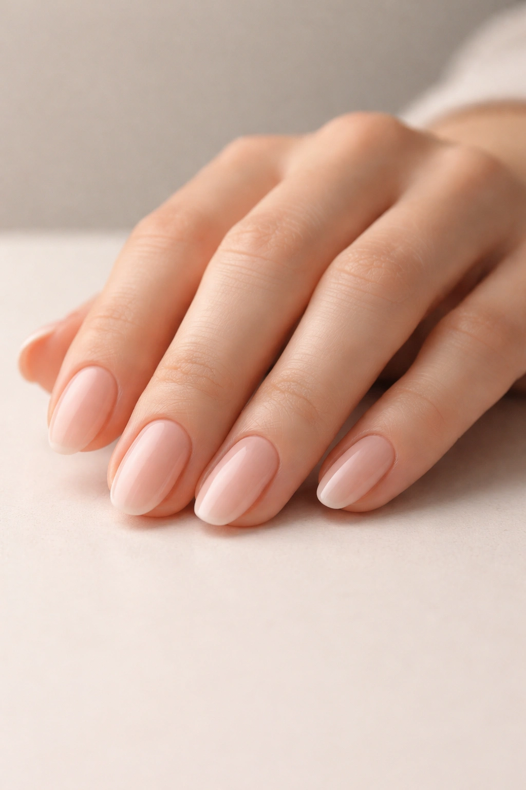 Hand with mid-length nails resting on a neutral surface