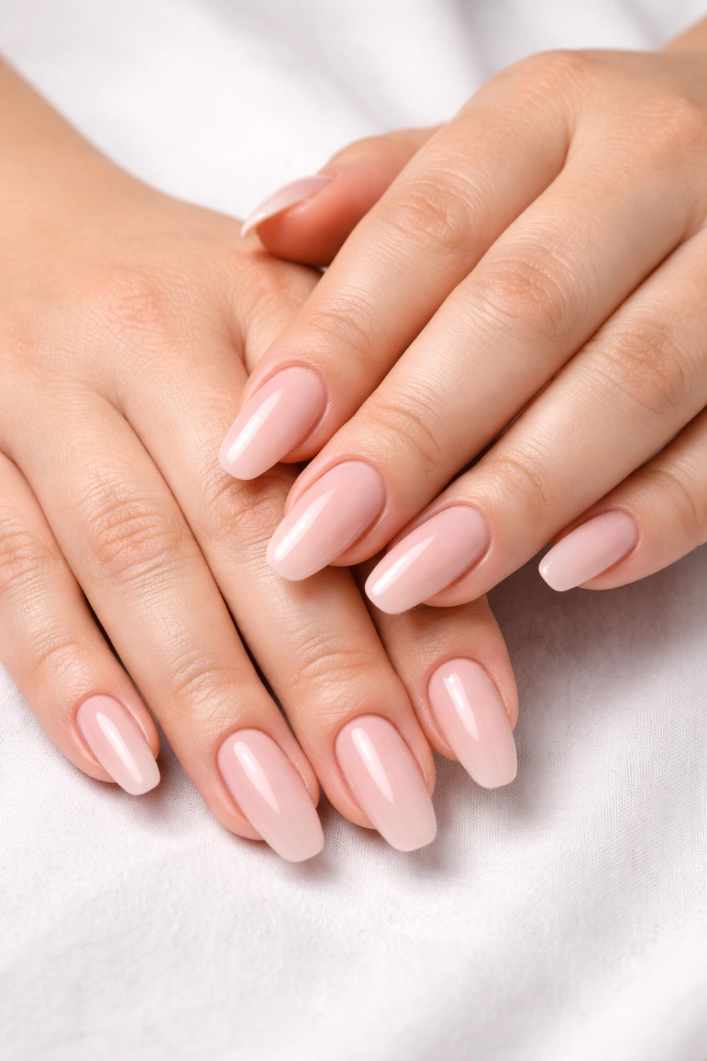 Close-up of hands displaying nails slightly longer than fingertips on a neutral backdrop