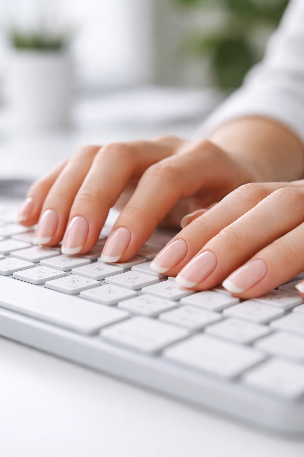 Hand on keyboard with moderate nail length