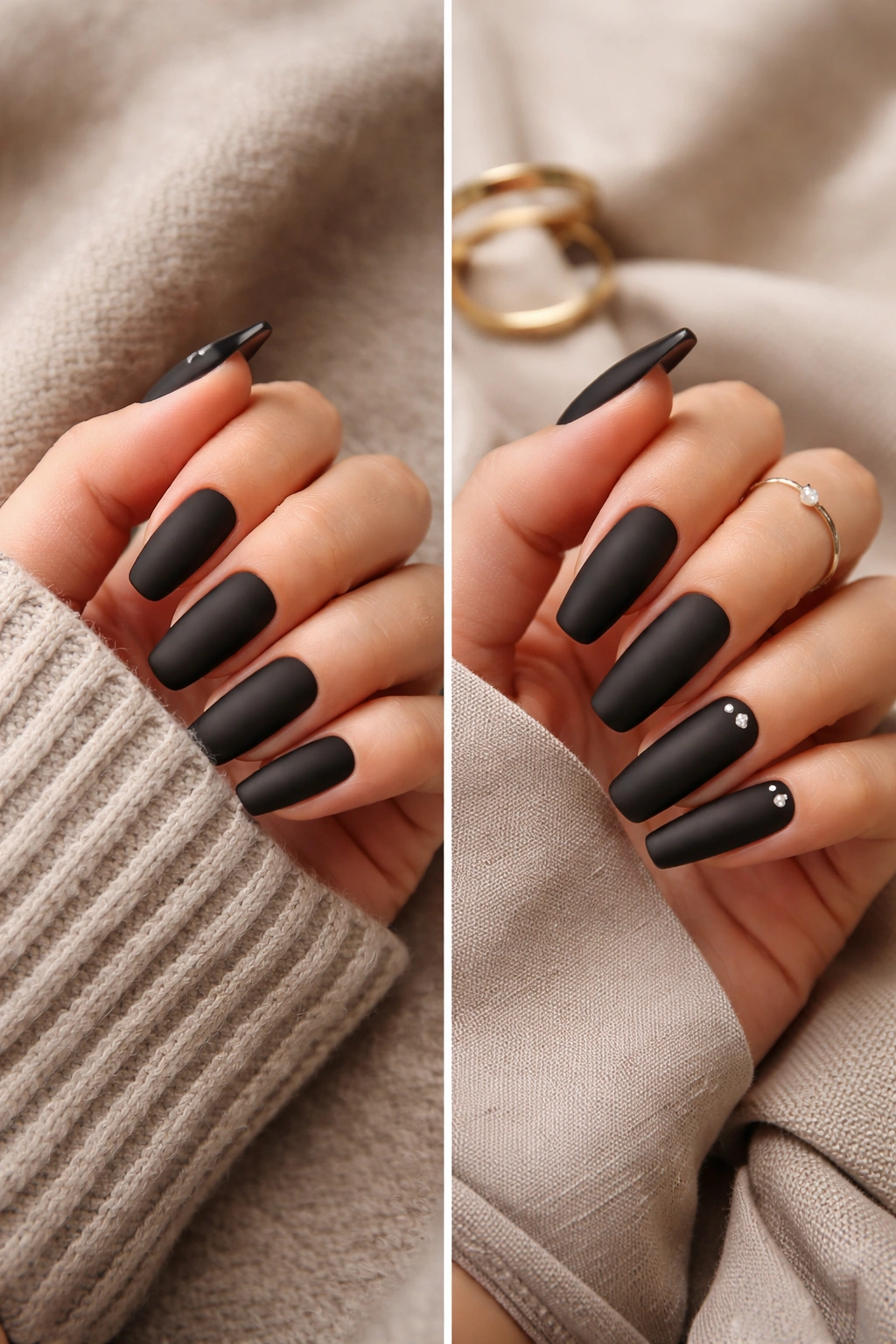 Two hands showing short and long matte black ballerina nails to compare length options.
