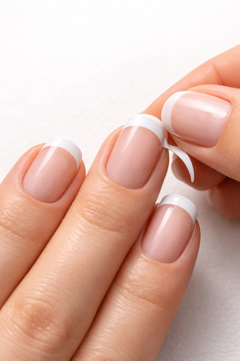 Close-up of short nails with guide strip showing white tip proportion