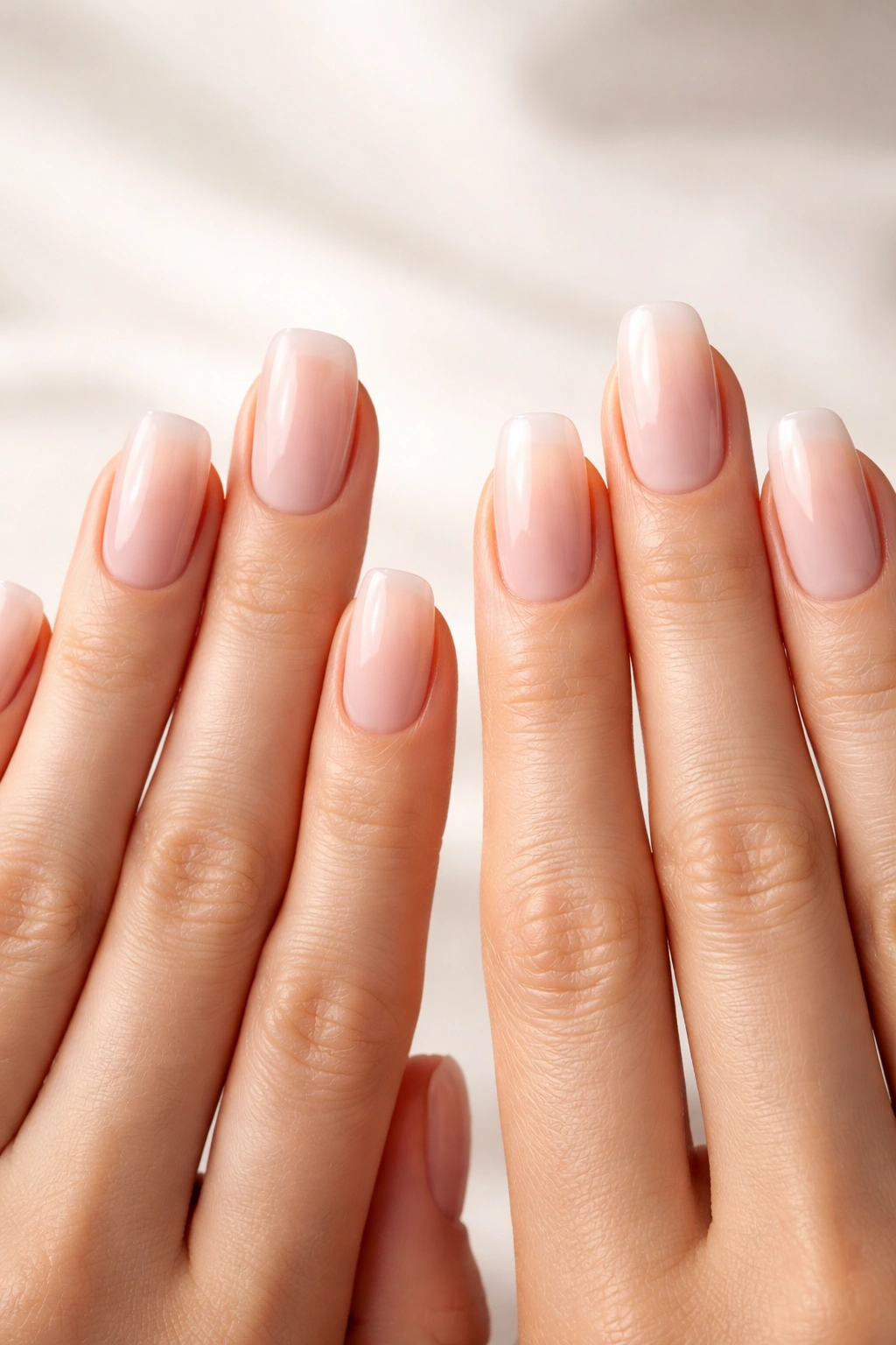 Hand with nails of varying lengths and mixed shapes (soft square and squoval)