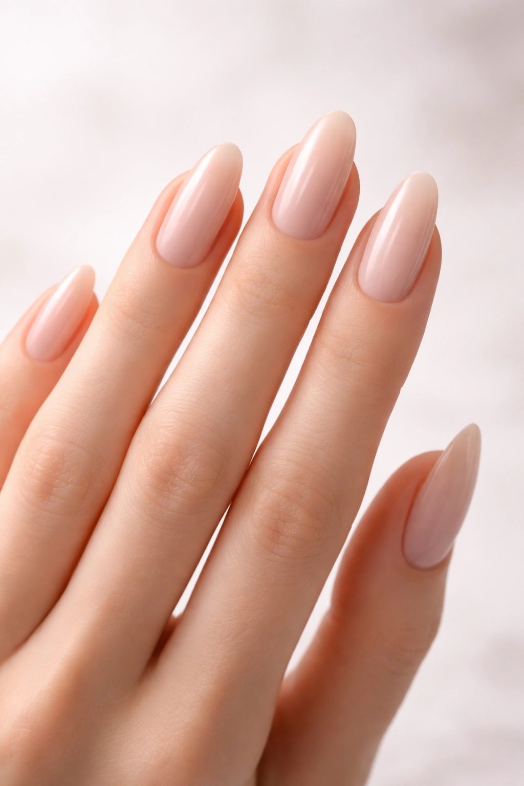 Close-up of a hand with medium-length nails past the fingertip on slim fingers