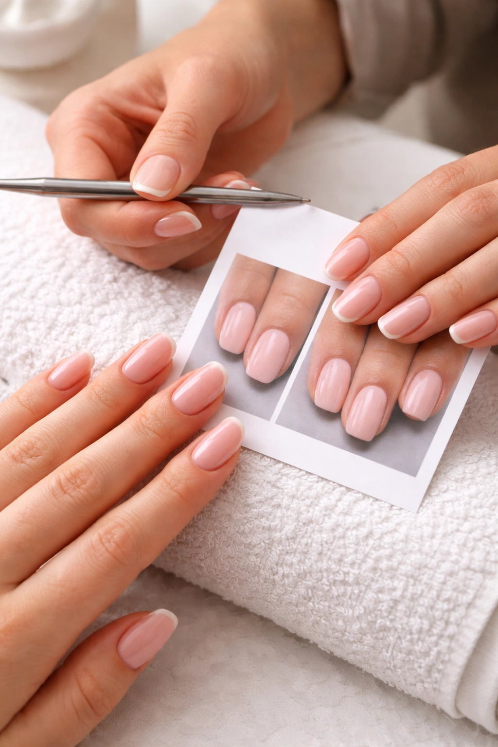 Mid-length squoval nails held near a reference photo for length discussion