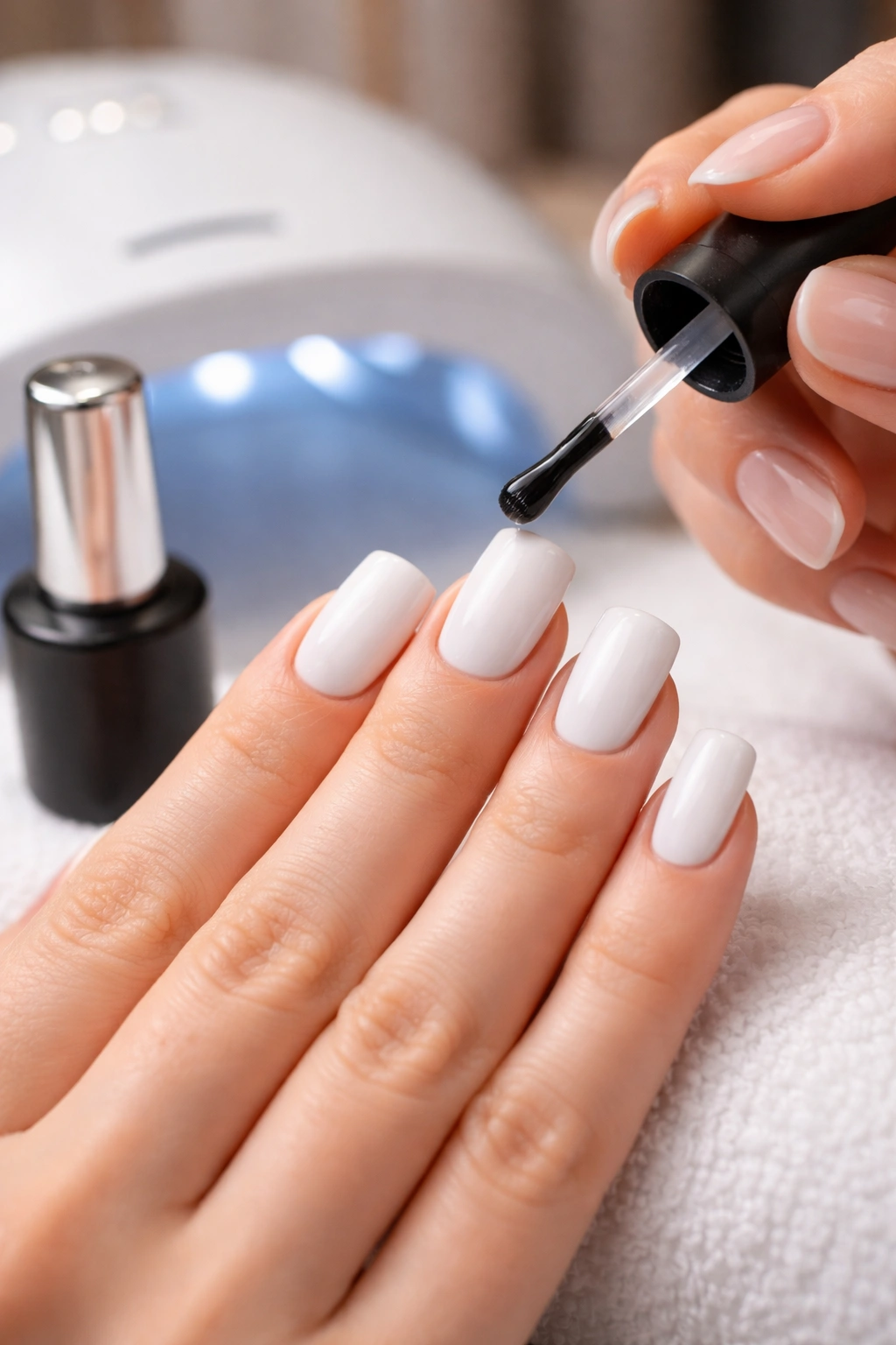 Close-up of hand with short white duck nails during gel top coat application.